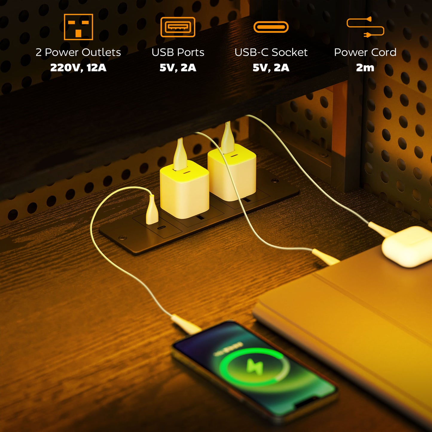 HOMCOM Computer Desk with Power Outlets & LED, Home Office Desk with Monitor Stand & 2 CPU Stands, Hutch Gaming Desk, Black