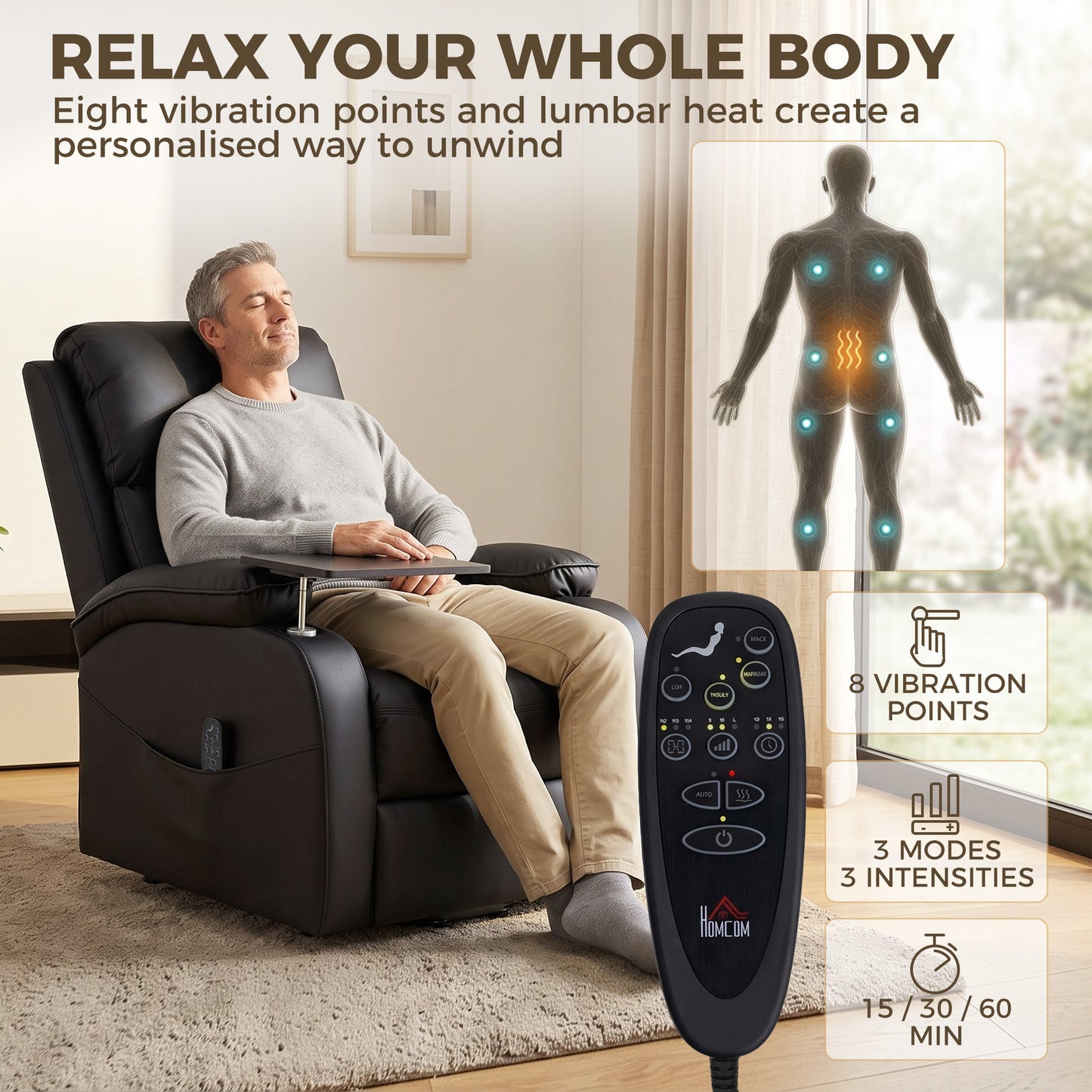 HOMCOM Riser Recliner Chair with Massage and Heat, Electric Lift Recliner Armchair for Elderly, with Side Table, Black