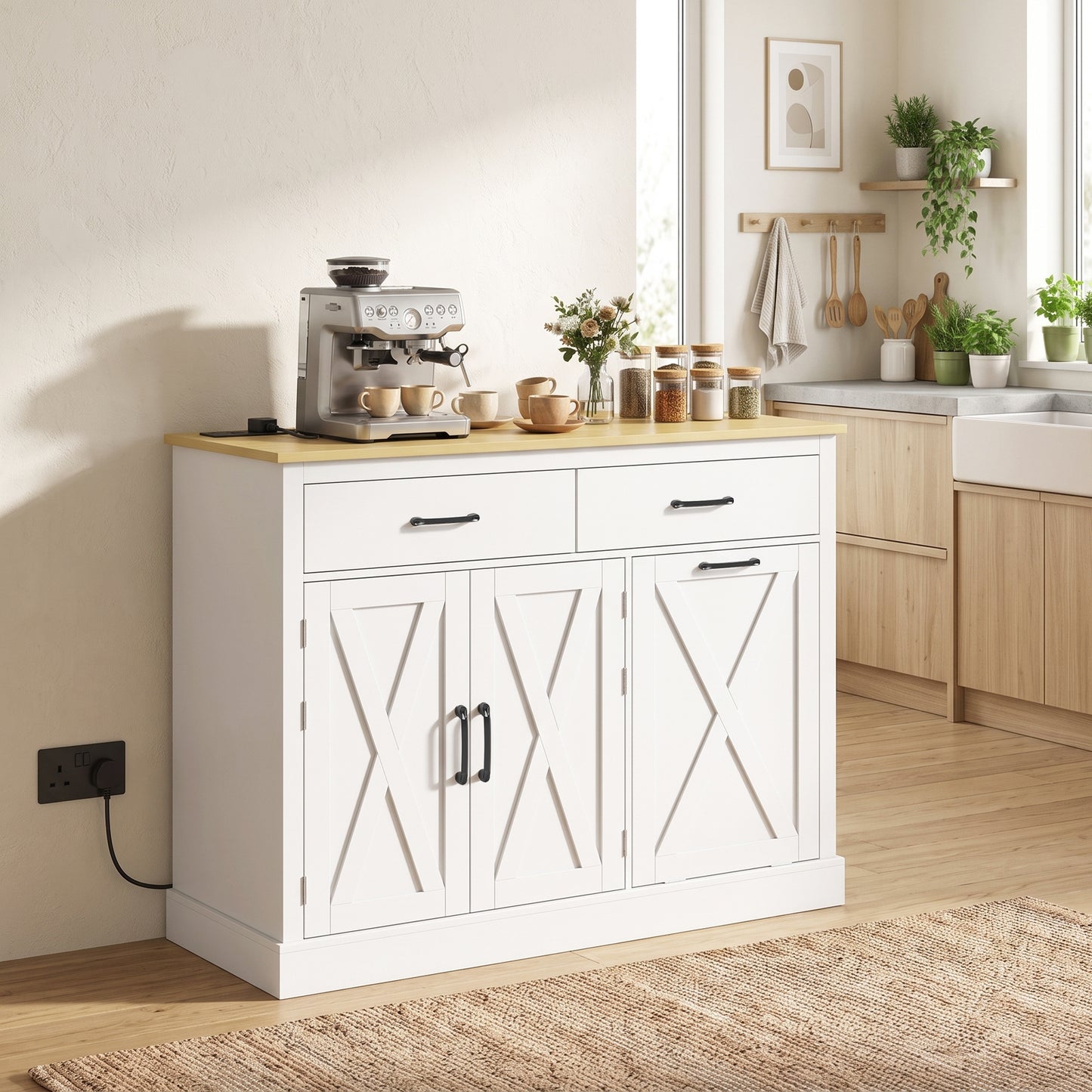 HOMCOM Tilt Out Trash Cabinet with Charging Station, Kitchen Island with Storage, 57 Liter Hidden Rubbish Bin Storage, White
