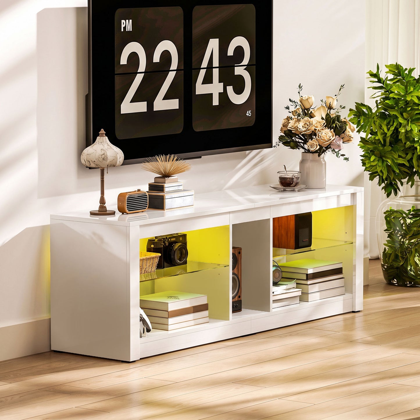 HOMCOM TV Stand Cabinet with LED Lights and Remote Control for TVs up to 65", Entertainment Centre with Storage Shelves, White