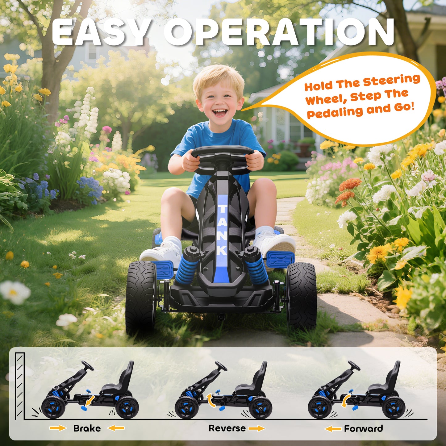 AIYAPLAY Pedal Go kart for Kids Ages 3-6 Years, with Automatic Clutch, Brake, EVA Anti-Slip Wheels, Blue