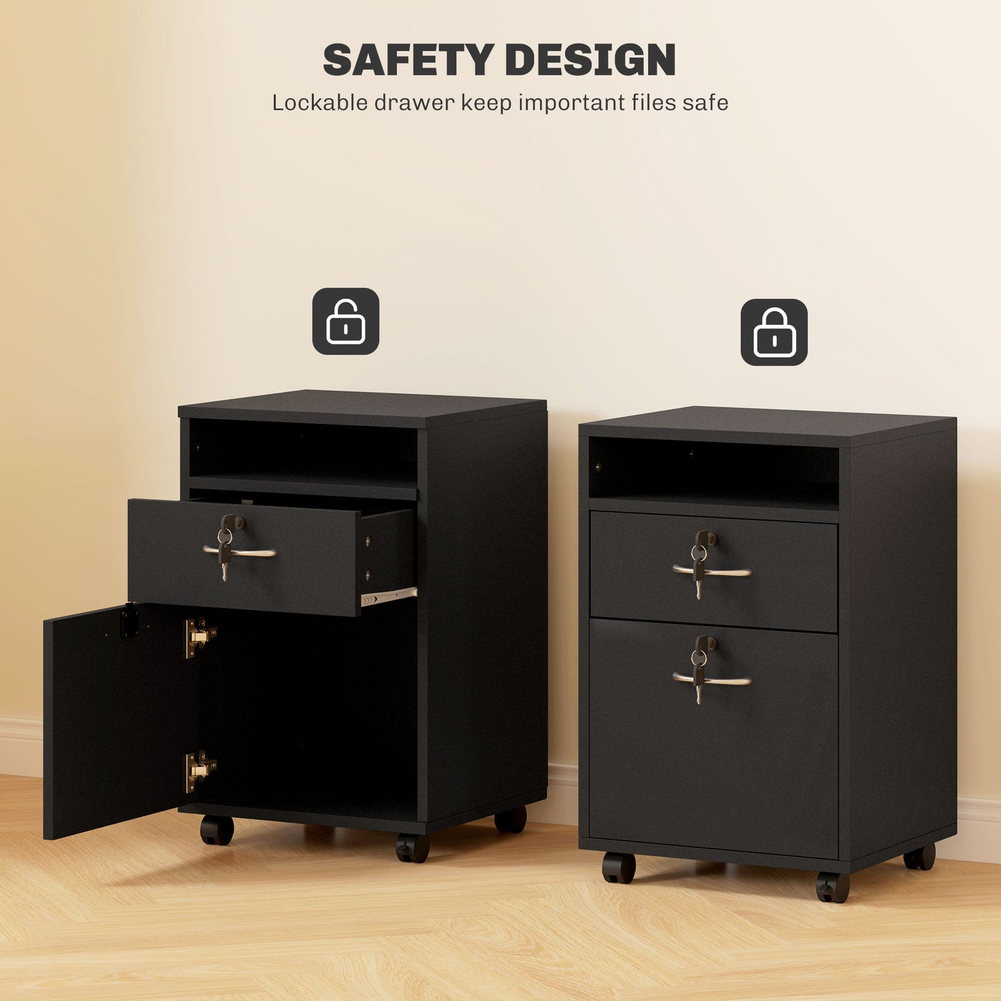 HOMCOM 60cm Filing Cabinet with Drawer, Open Shelf, Metal Handles and 4 Wheels, Office Home Organiser Mobile Printer, Black