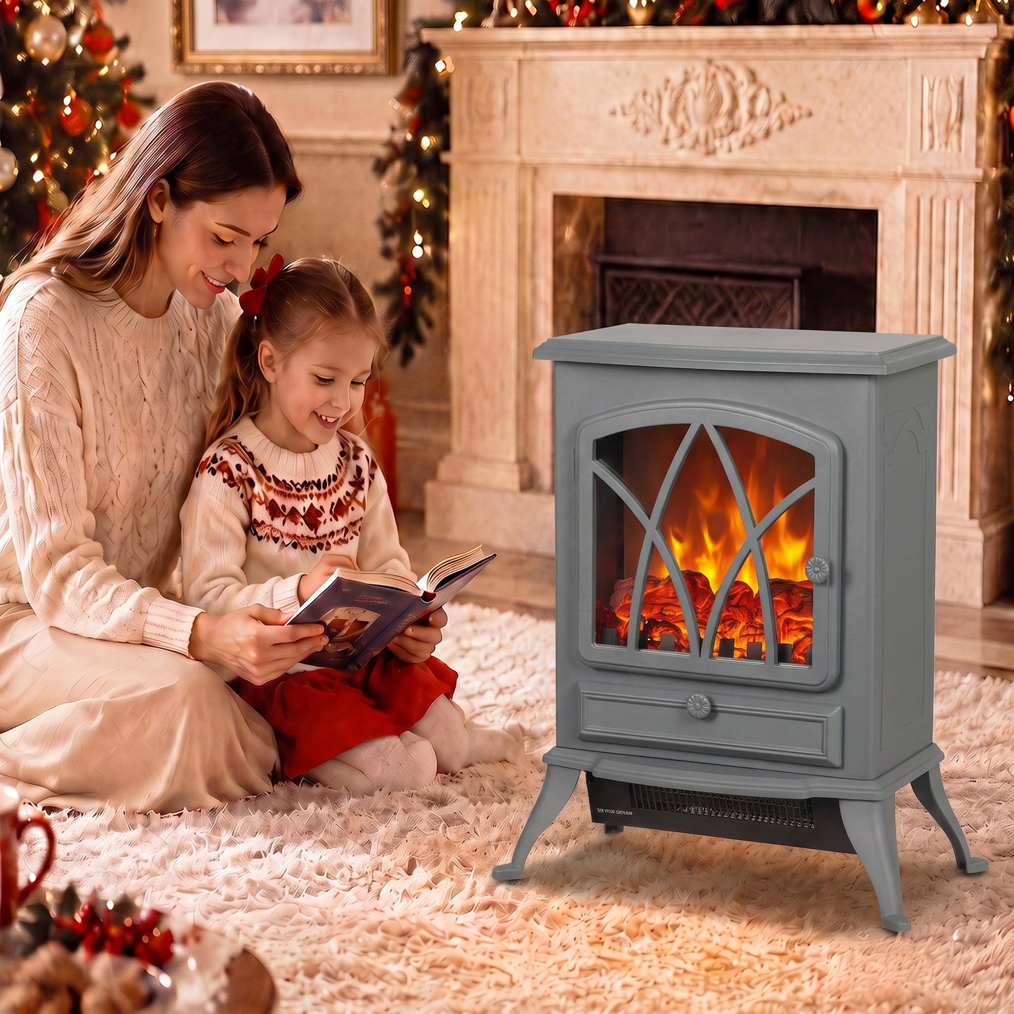 HOMCOM 1kW-2kW Vintage Electric Fireplace Heater - Grey