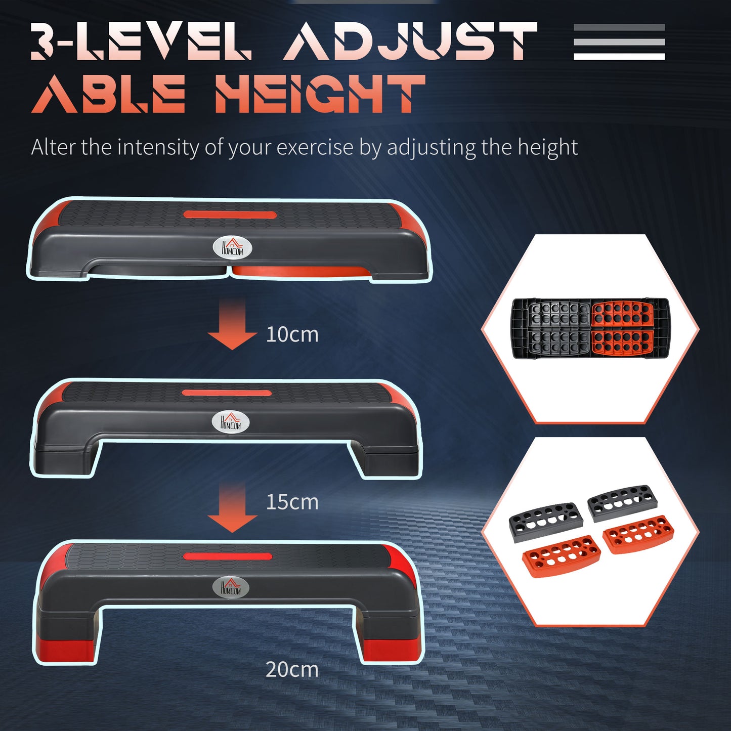 HOMCOM Aerobic Step, Adjustable Heights: 10cm, 15cm & 20cm, Nonslip Exercise Stepper for Home & Office Workouts, Grey and Red