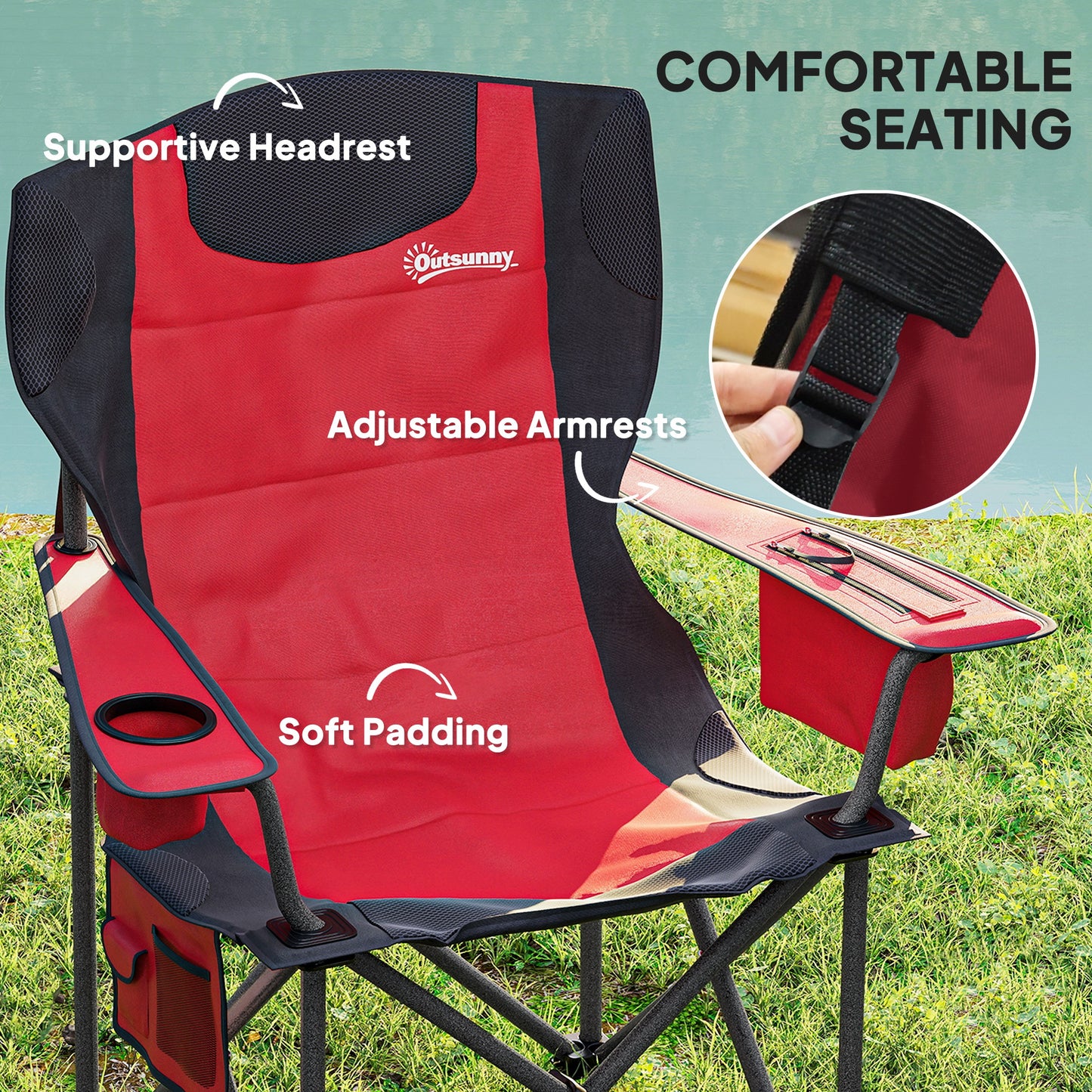 Outsunny Set of 2 Padded Folding Camping Chairs, Adjustable Armrests, Cooler Bag, Cup Holder, Side Pockets, Portable & Lightweight, Red