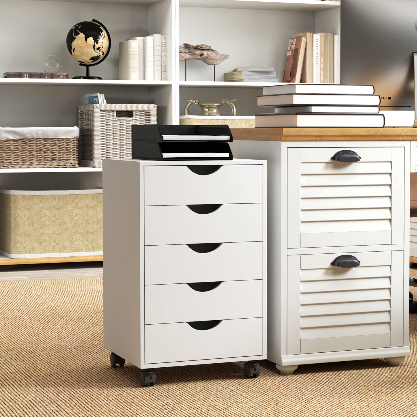 HOMCOM 5 Drawer Mobile Filing Cabinet, Vertical File Cabinet, Modern Rolling Office Storage Organizer Cupboard, White