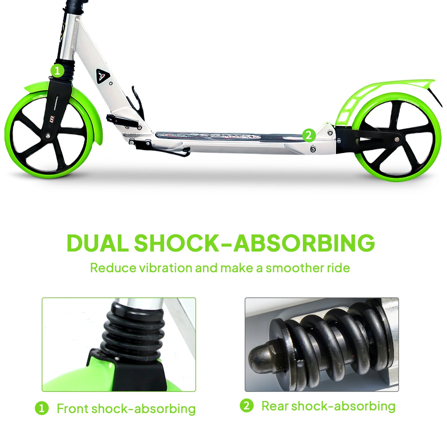 HOMCOM Folding Kick Scooter, Adjustable with 200mm Wheels & Double Shock Absorption, for Teens & Adults 14+, Green