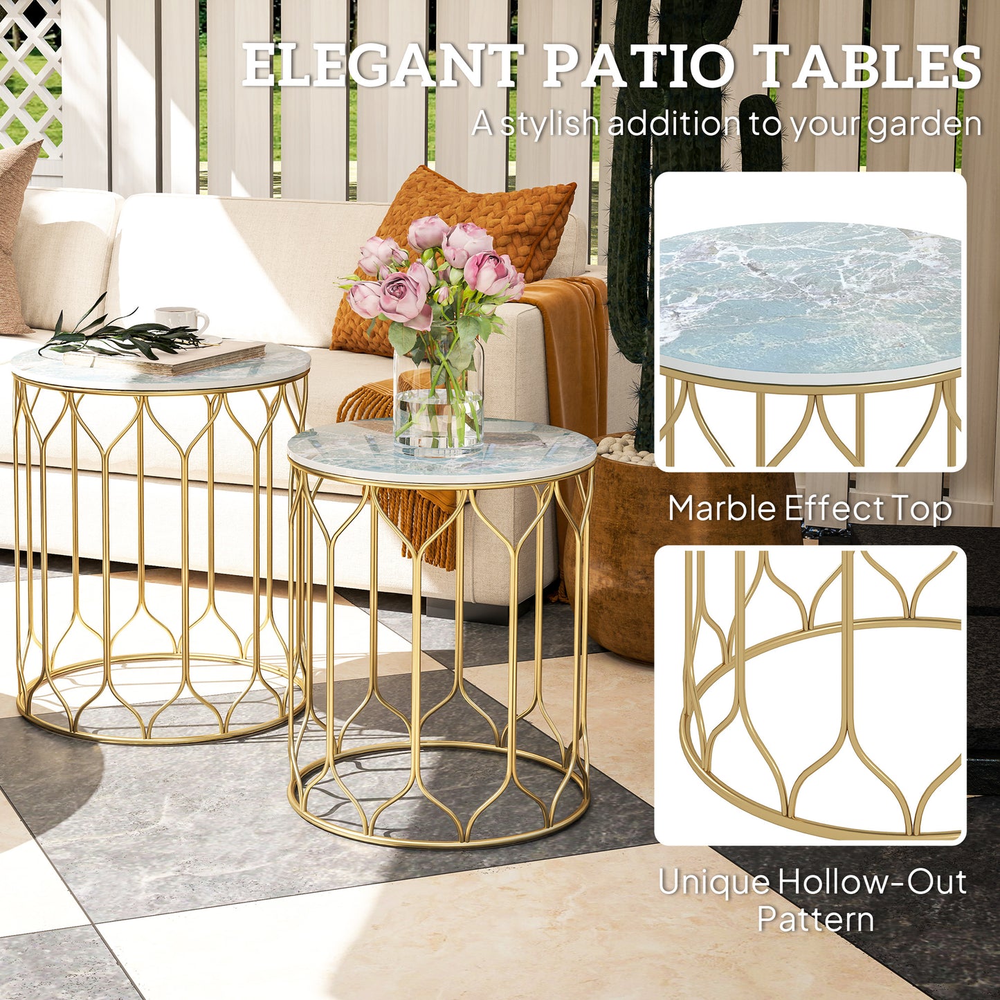 Outsunny Garden Side Tables Set of 2, Nesting, Ceramic Tile Top, Indoor/Outdoor Metal Frame, Multicoloured