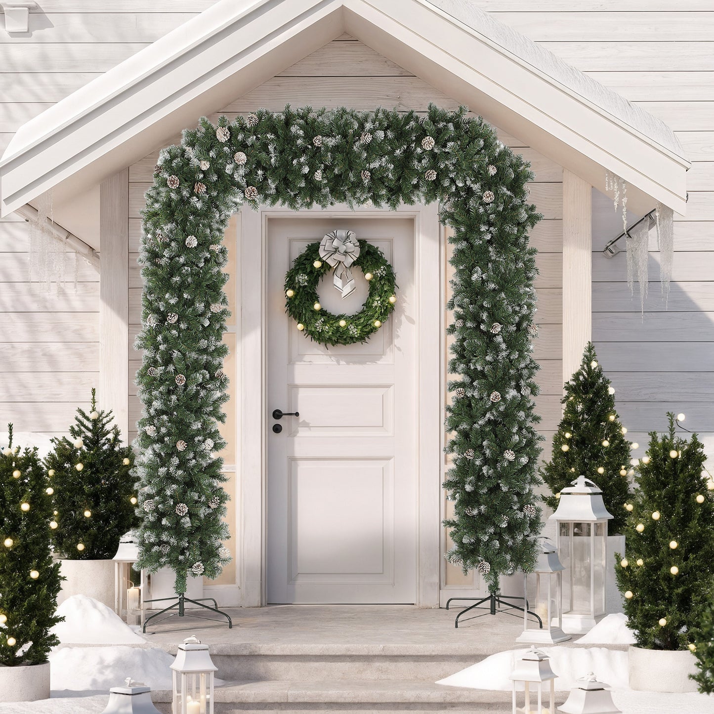 HOMCOM Snow Frosted Christmas Tree Arch, 8.2 ft, 1800 Tips, 91 Pinecones, Artificial Xmas Tree with Metal Stand for Indoor, Green