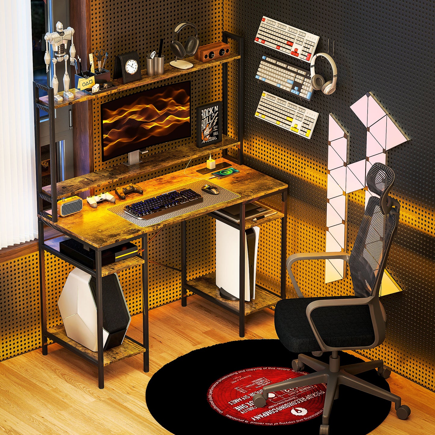 HOMCOM Computer Desk with Power Outlets, LED Lights, Monitor & 2 CPU Stands, Gaming Desk with Hutch, Rustic Brown