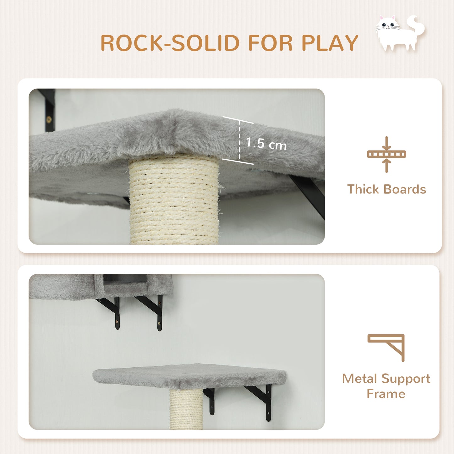 PawHut 6-Piece Cat Wall Shelves Set with Condo, Cat Wall Furniture with Platforms, Sisal Scratching Post, Bed, Toy Ball, Grey