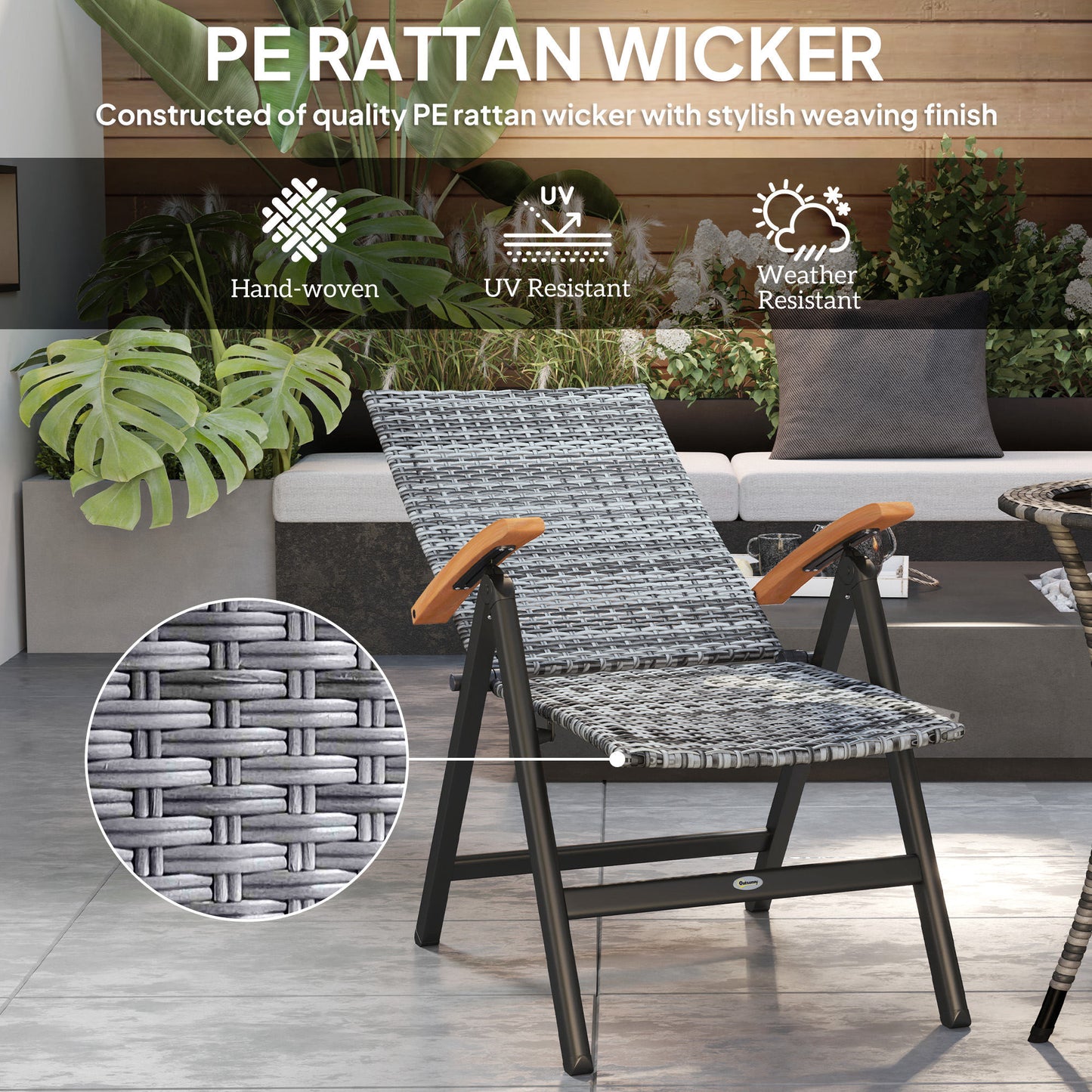 Outsunny Outdoor Foldable Dining Chair with Armrests, High Backrest, for Garden, Camping, Balcony, Porch, Light Grey