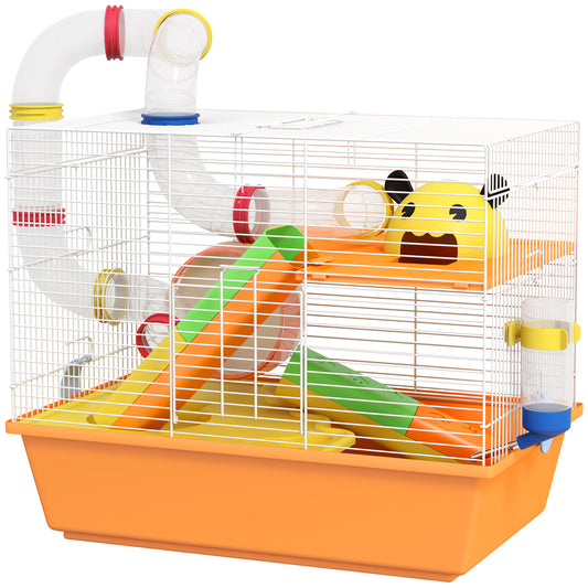 PawHut 3 Tiers Gerbil Cage Hamster Cage with Tubes Exercise Wheel Ladder Top Handle 45 x 28 x 37cm - Orange