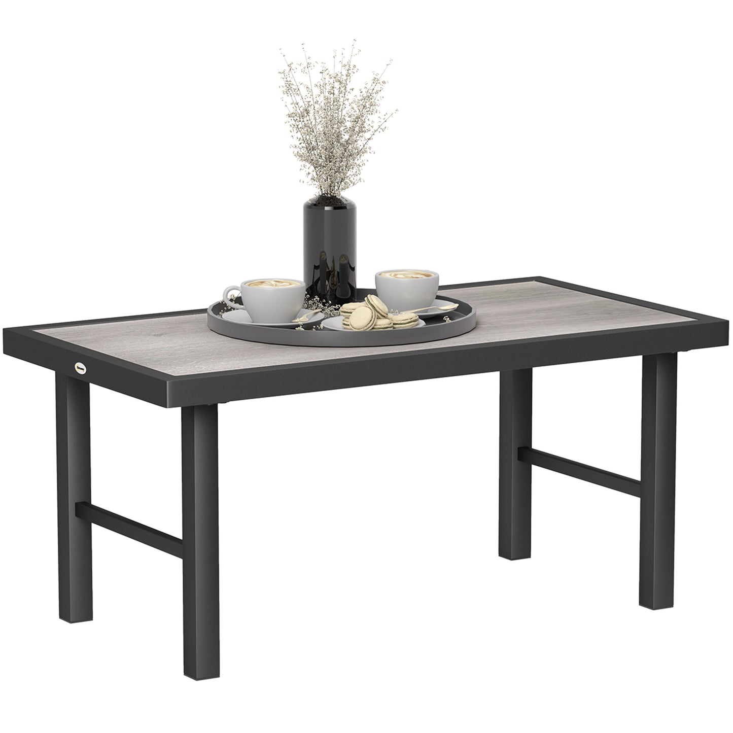 Outsunny Metal Garden Coffee Table, Outdoor Side Table with SPC Woodgrain Tabletop, 100 x 53 x 46cm, Grey Wood Effect