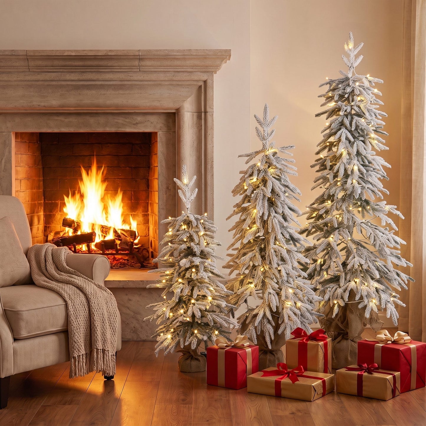 HOMCOM Prelit Flocked Artificial Christmas Tree Set of 3 Snowy Xmas Tree Warm White LED Lights (3FT+4FT+5FT)