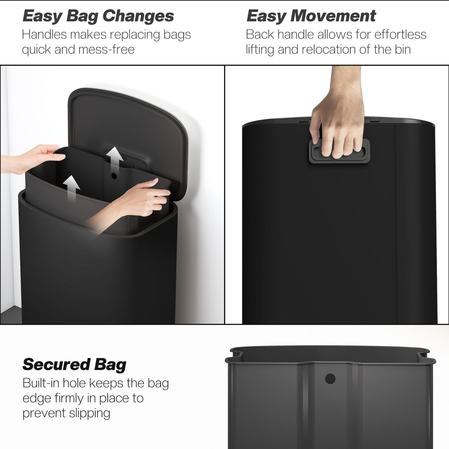 HOMCOM 50L Kitchen Bin with Soft-Close Lid, Stay-Open Function, Removable Inner Bucket, Carry Handle, Stainless Steel Pedal Bin, Black