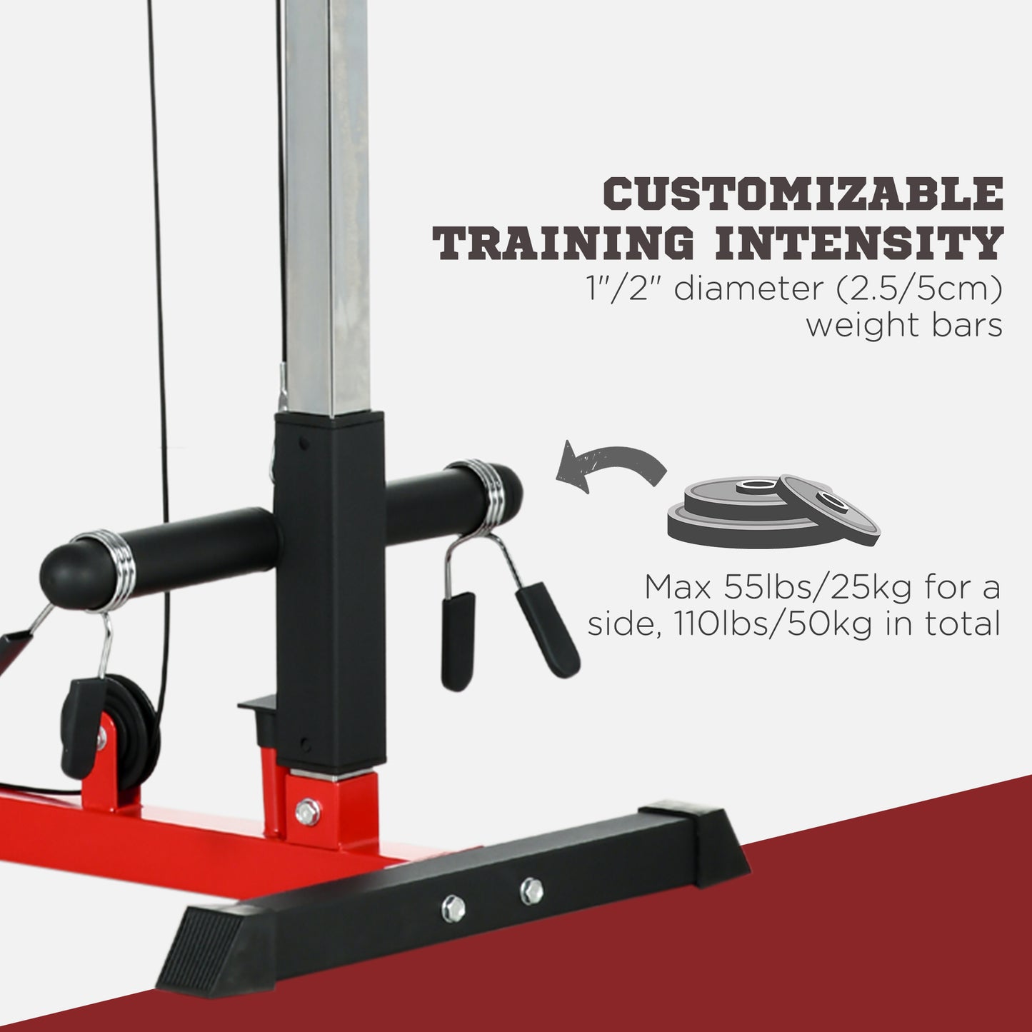 SPORTNOW Pull Up Station with Adjustable Seat, Power Tower for Chin up 
 and Lat Pulldown Exercises, Multi-Function Fitness Equipment with Flip-Up Footplate, for Home Gym, Red