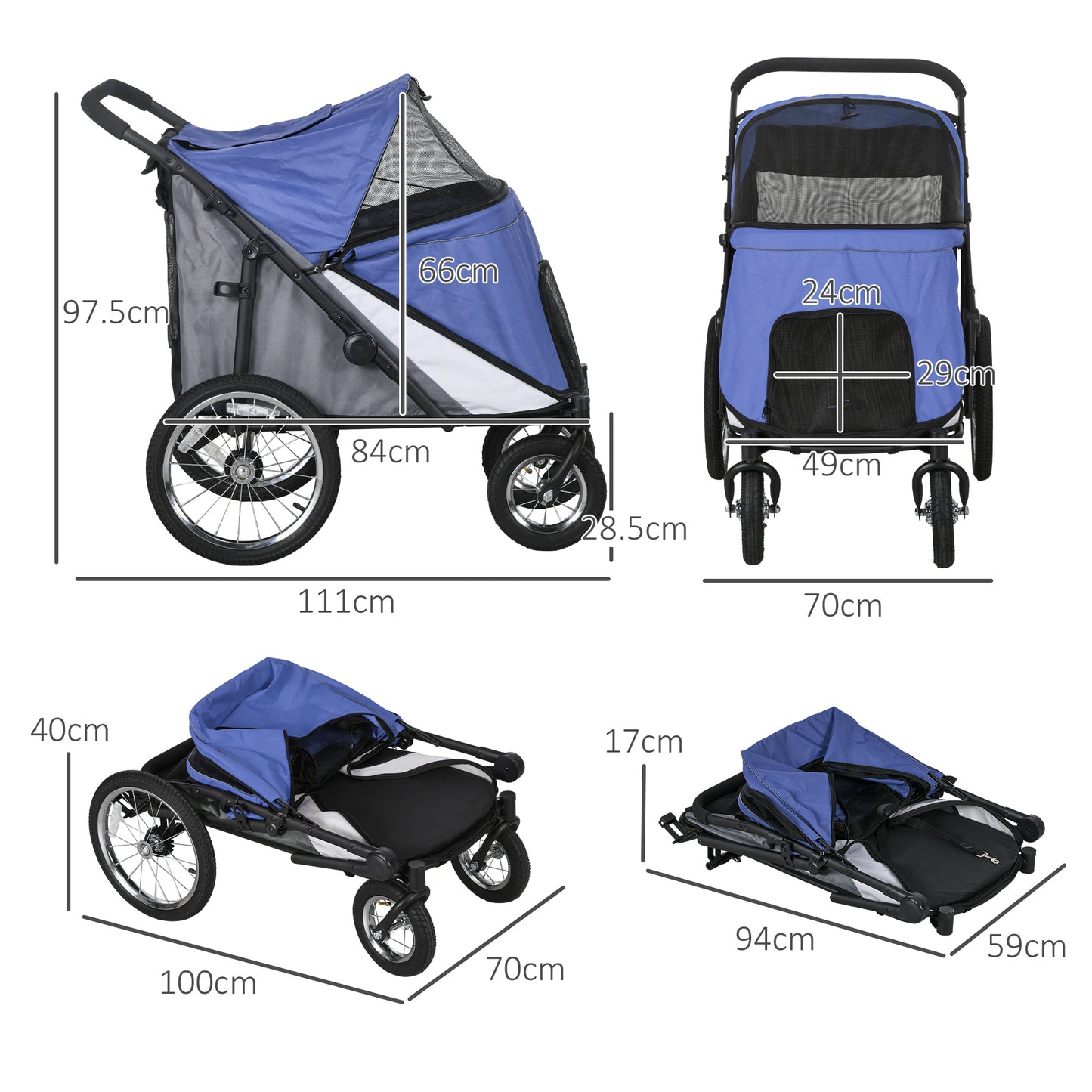 PawHut Foldable Pet Stroller with Washable Cushion Storage Bags Safety Leash for Medium and Large Dogs Cats Travel Blue
