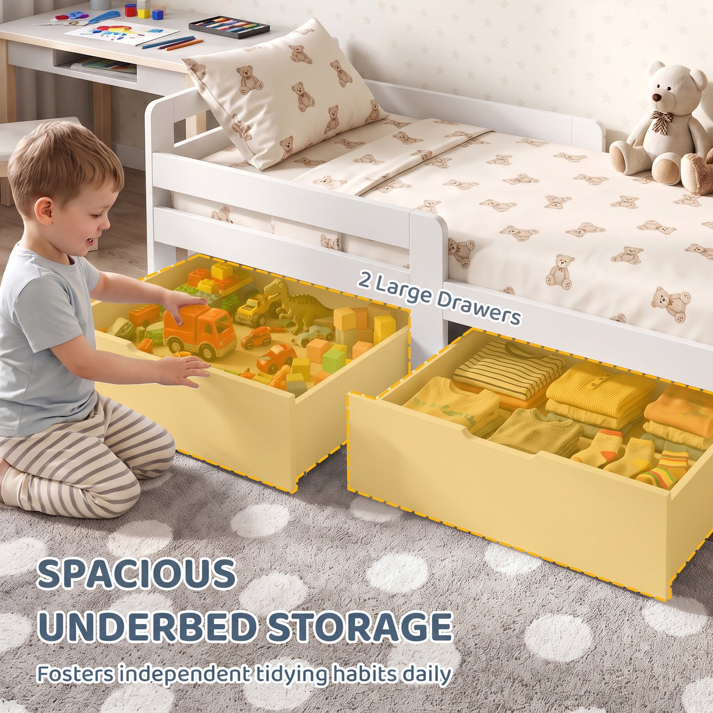 AIYAPLAY Wooden Kids Bed Frame with 2 Storage Drawers and Guard Rails for Ages 4-14, 144 x 76 x 57 cm (No Mattress), White