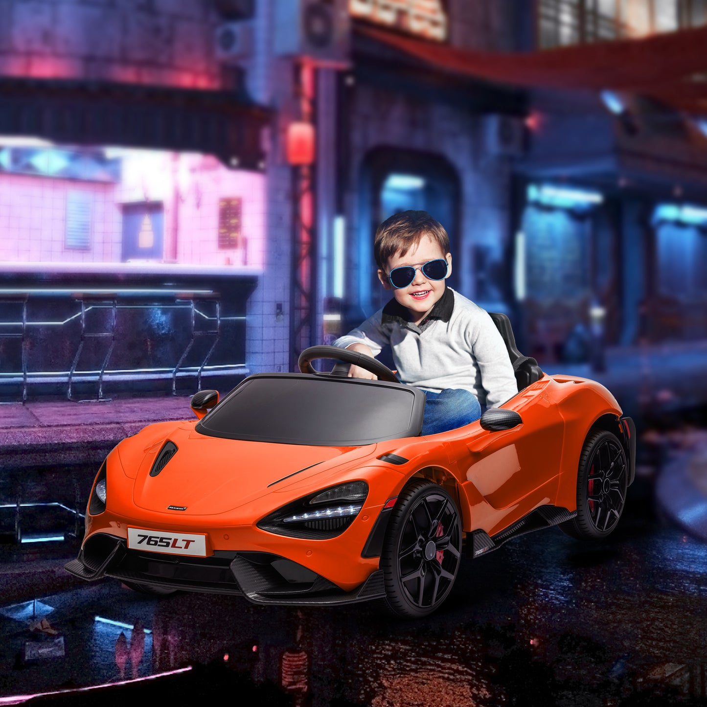 AIYAPLAY McLaren 765LT Licensed 12V Kids Electric Ride on Car with Butterfly Doors Remote Control Training Wheels Orange