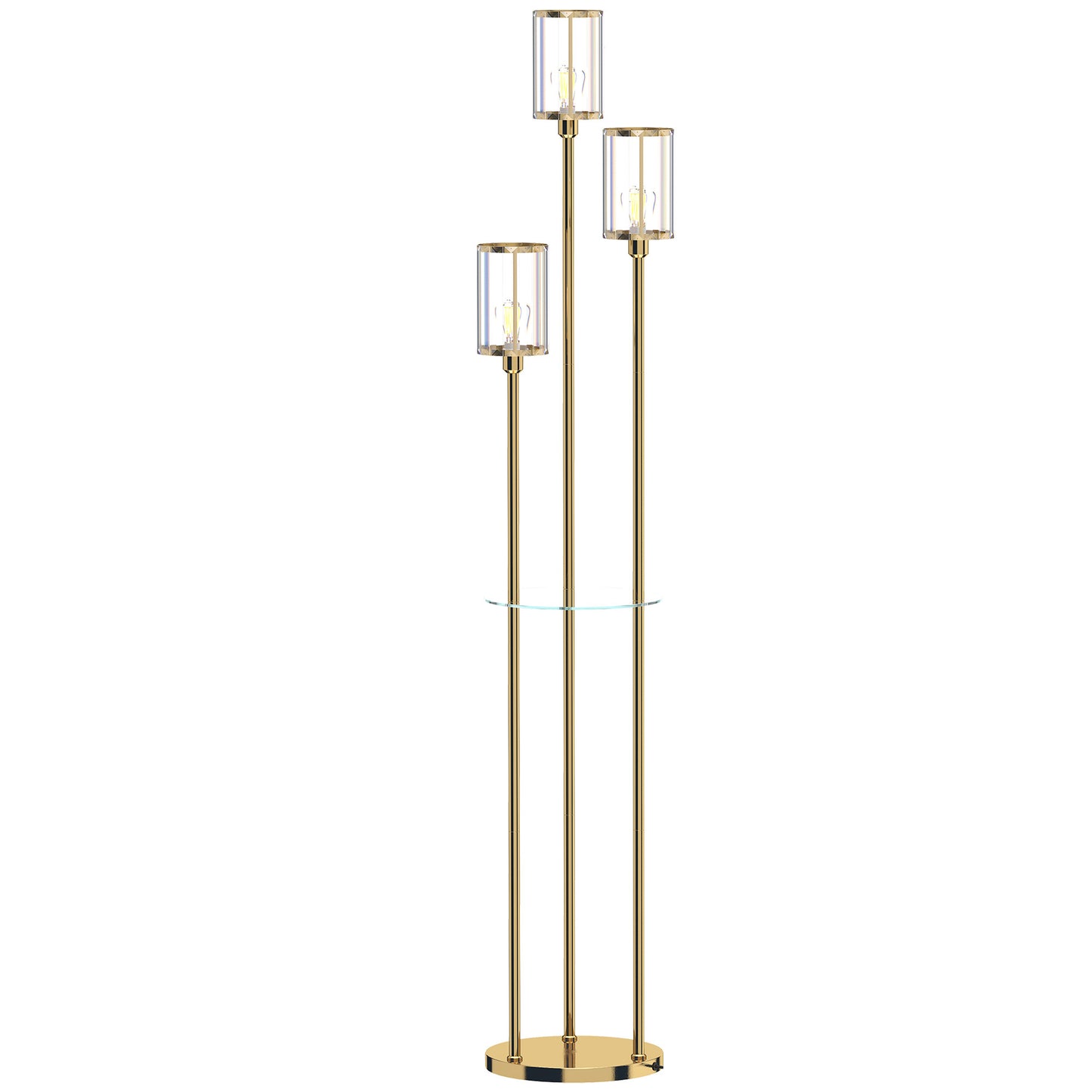 HOMCOM Floor Lamp with Shelves, 3-Light Crystal Standing Lamp with Glass Shades and Foot Switch, Bulbs Not Included, Gold Tone