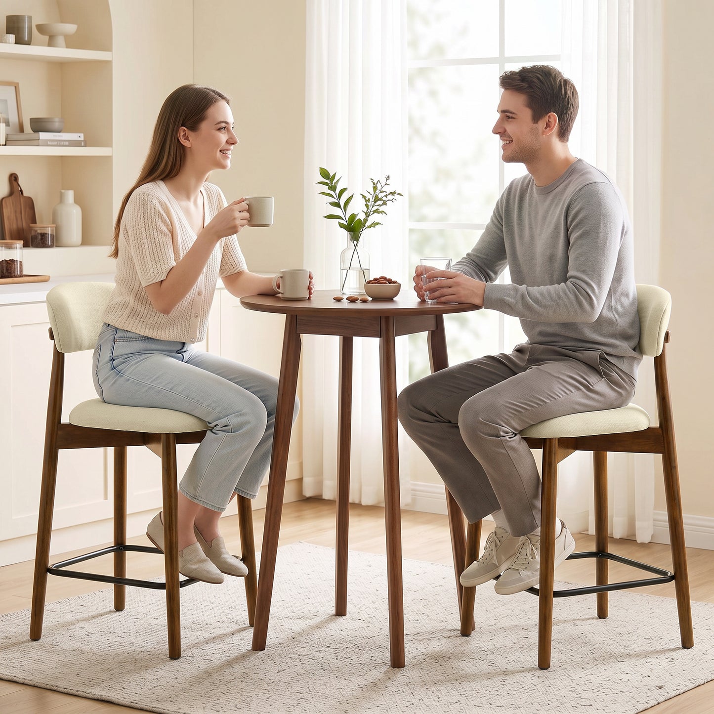 HOMCOM Bar Stools Curved Open Back Padded Seat Footrest Set of 2 for Kitchen Beige