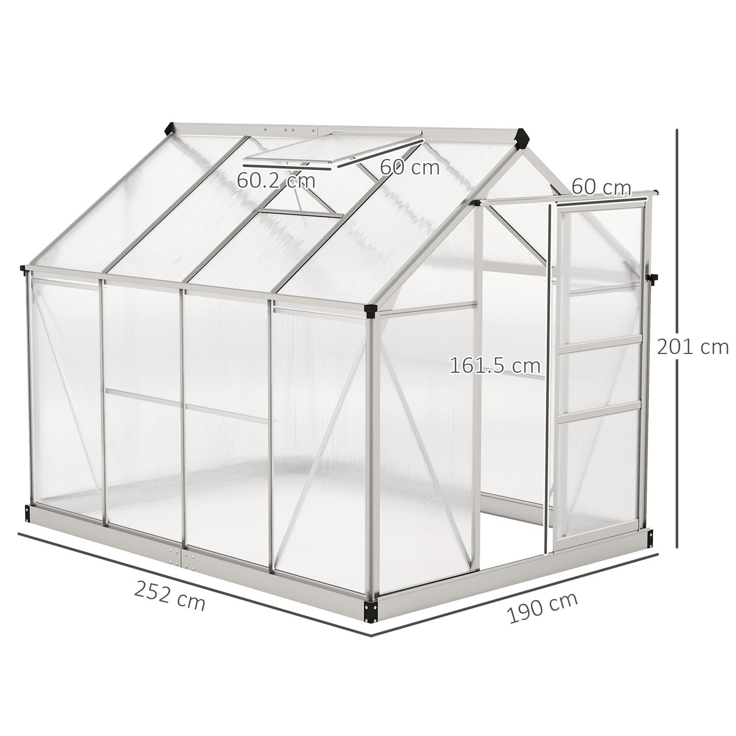 Outsunny Polycarbonate Greenhouse, Large Walk-In Green House with Slide Door and Window, Aluminium Frame, 6x8ft, Silver Tone