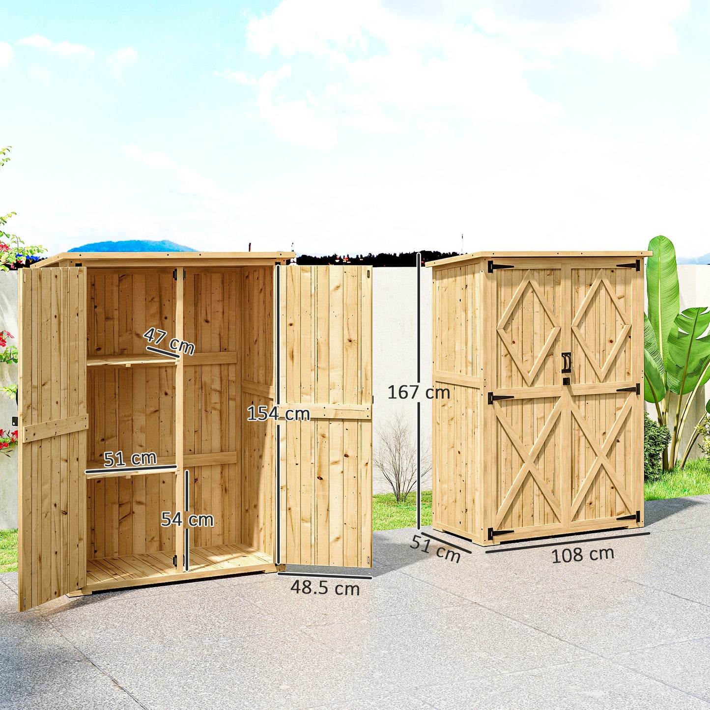 Outsunny Wooden Garden Storage Shed, Tool Cabinet with Asphalt Roof & 2 Shelves for Tools, Equipment, Double Doors, Natural