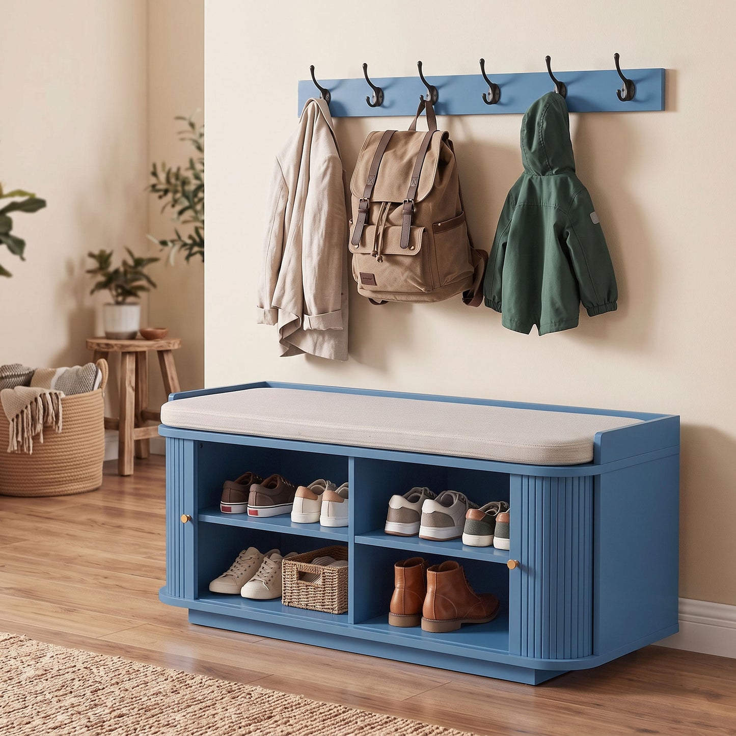 HOMCOM Hallway Storage Unit, Hallway Furniture Set with Shoe Storage Cabinet and 5 Hooks Coat Rack, Blue