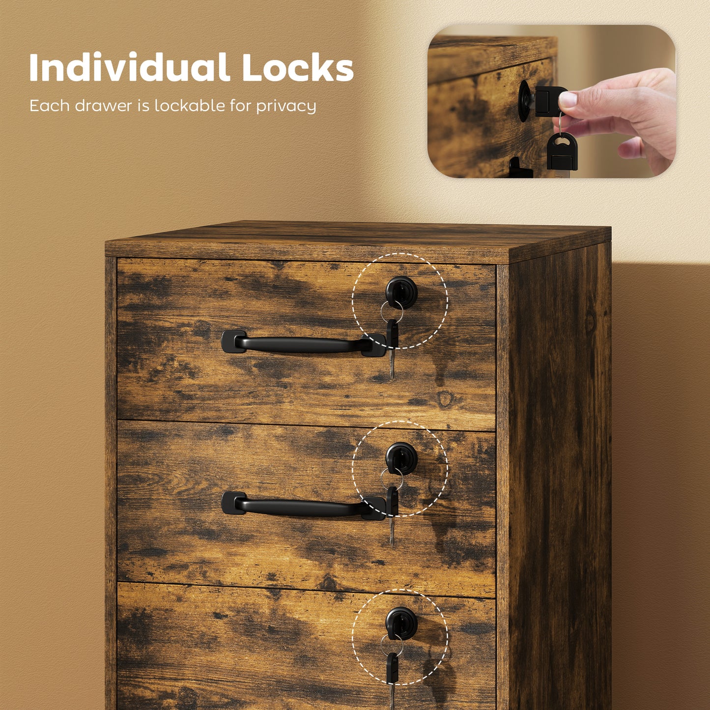 HOMCOM Three Drawer Wood-Effect Filing Cabinet - Rustic Brown