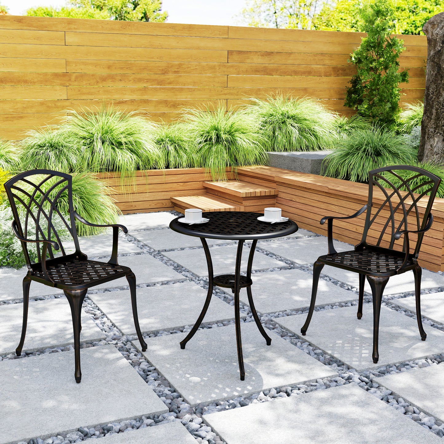Outsunny 3-Piece Garden Set: Cast Aluminium 2 Armchairs & Round Table w/ Parasol Hole, Bronze Tone