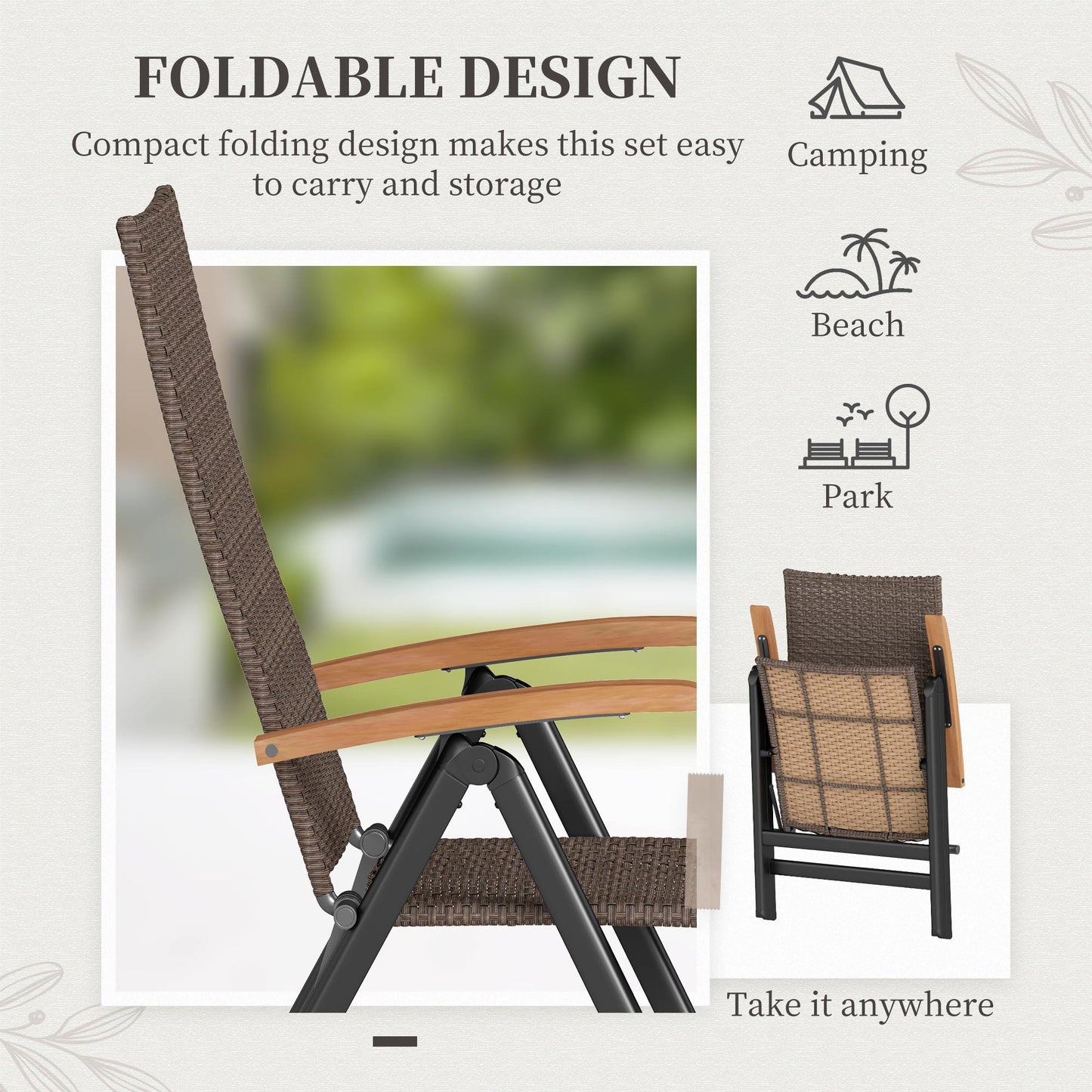 Outsunny Outdoor Foldable Dining Chair with Armrests, High Backrest, for Garden, Camping, Balcony, Porch, Brown
