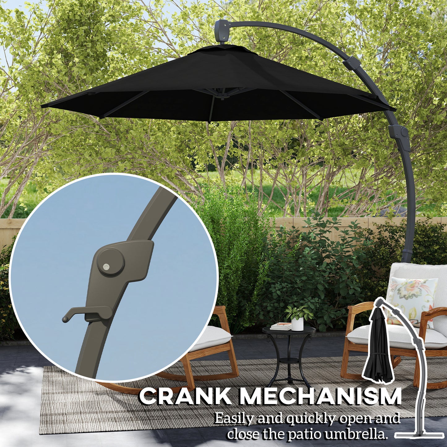 Outsunny 3m Garden Cantilever Parasol, Round Umbrella with Crank, Cross Base, Aluminum Frame, 360° Rotation, Patio Sun Shade, Black