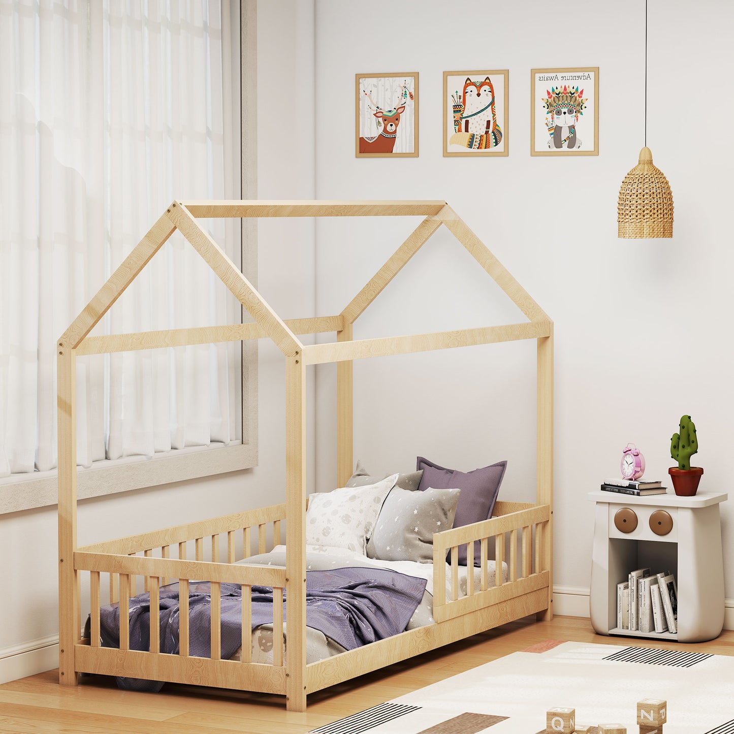 HOMCOM House-Shaped Kids Bed Frame with Guard Rails, Solid Pine Wood Single Bed Frame for Kids Boys and Girls, Natural
