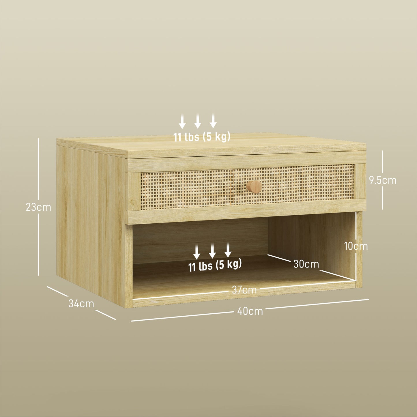 HOMCOM Set of Two Rattan Panel Floating Bedside Tables - Wood-Effect