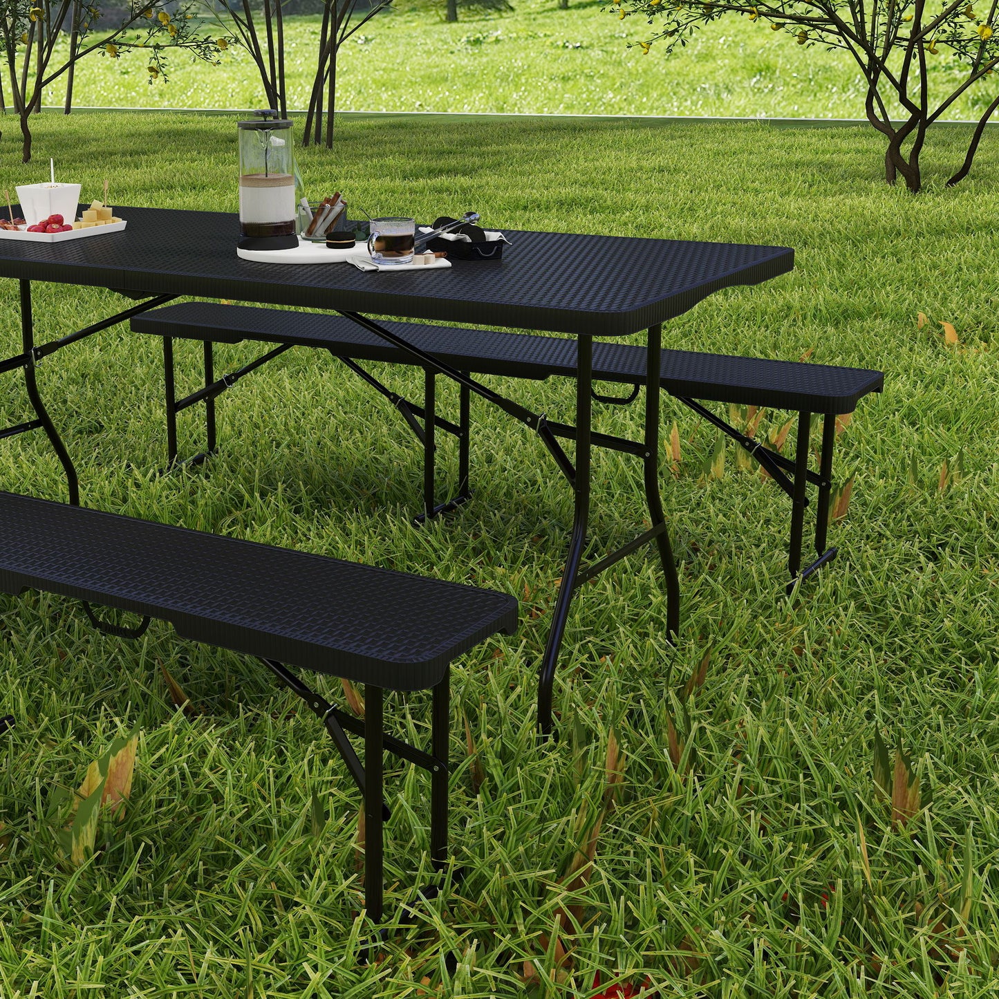 Outsunny Folding Picnic Table & Bench Set, Rattan Effect Portable Camping Table & Chairs with Handles, for Indoor/Outdoor, Black
