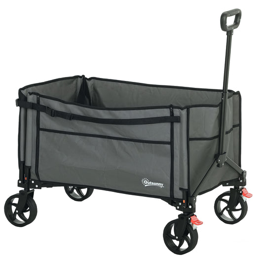 Outsunny Folding Trolley with Wheels, 150L Collapsible Wagon with Openable Sides, Adjustable Handle, Brakes for Camping & Shopping, Grey