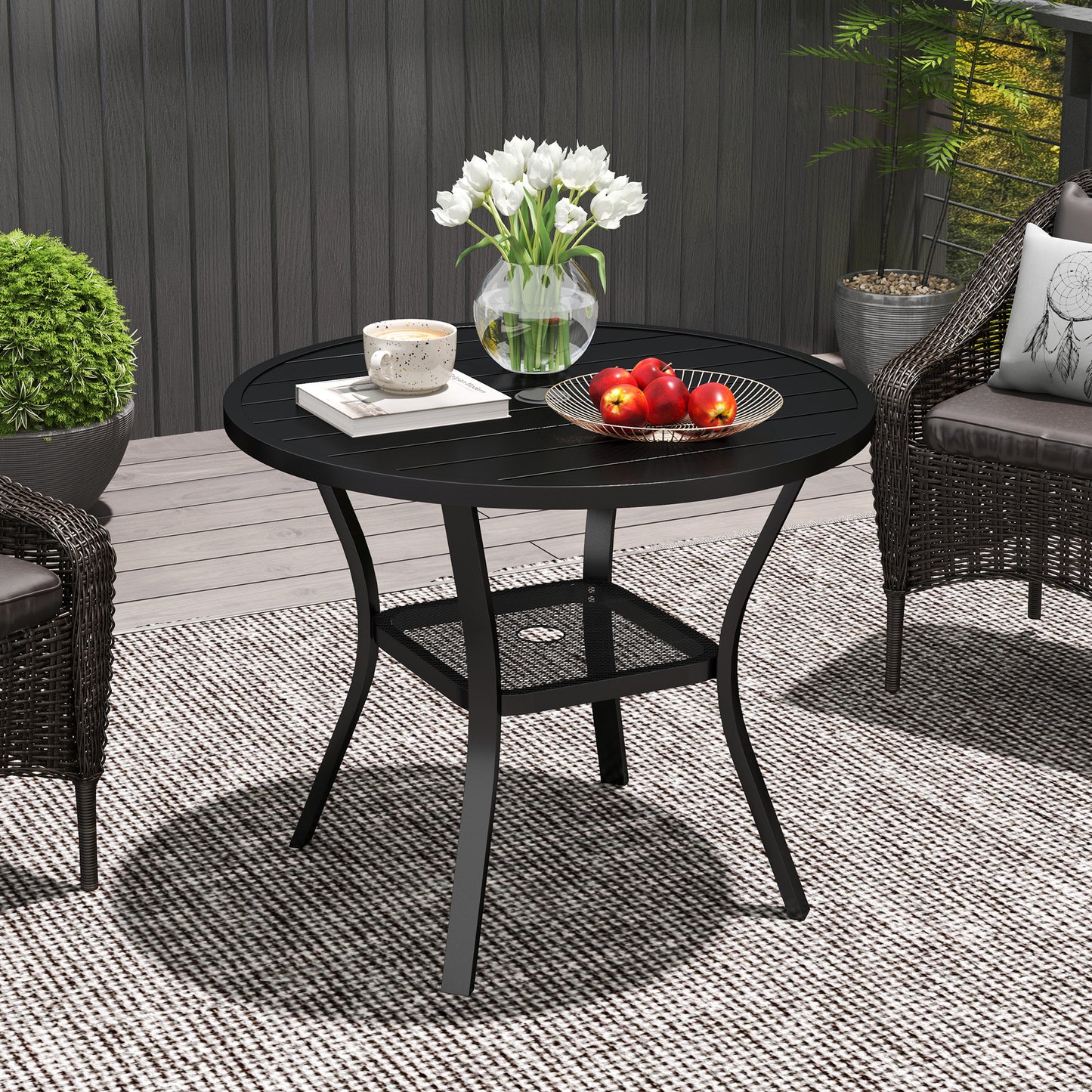 Outsunny 90 cm Round Steel Garden Dining Table with Parasol Hole, Slatted Metal Top, Wire Shelf, Black
