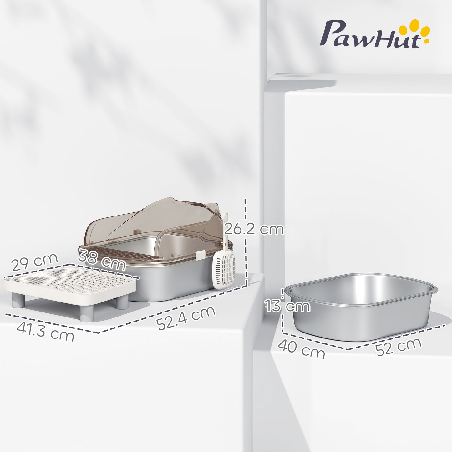 PawHut Stainless Steel Litter Box with Lid, High Wall Sided Enclosure, Pedal, Scoop, Non-Sticky, Anti-Leakage, Easy Cleaning