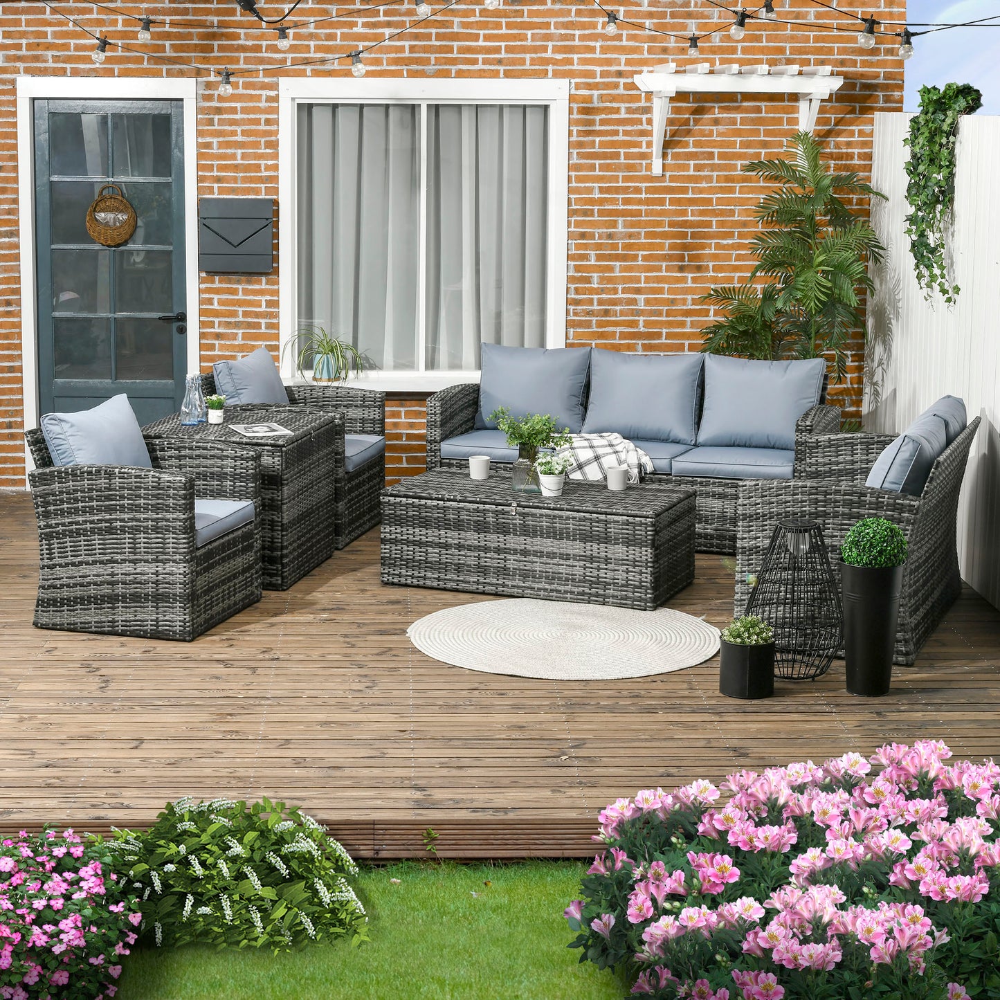 Outsunny 6-Piece Rattan Garden Furniture Set, 7-Seater with Storage, Tea & Side Table, Cushions, Grey.