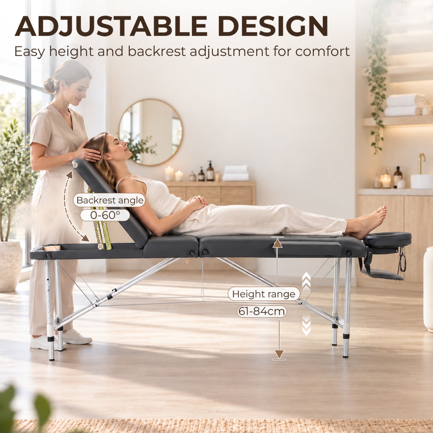 HOMCOM Foldable Massage Bed Portable Table, 3-Section Aluminium Foldable Beauty Couch with Headrest Support, 60 cm Width Black
