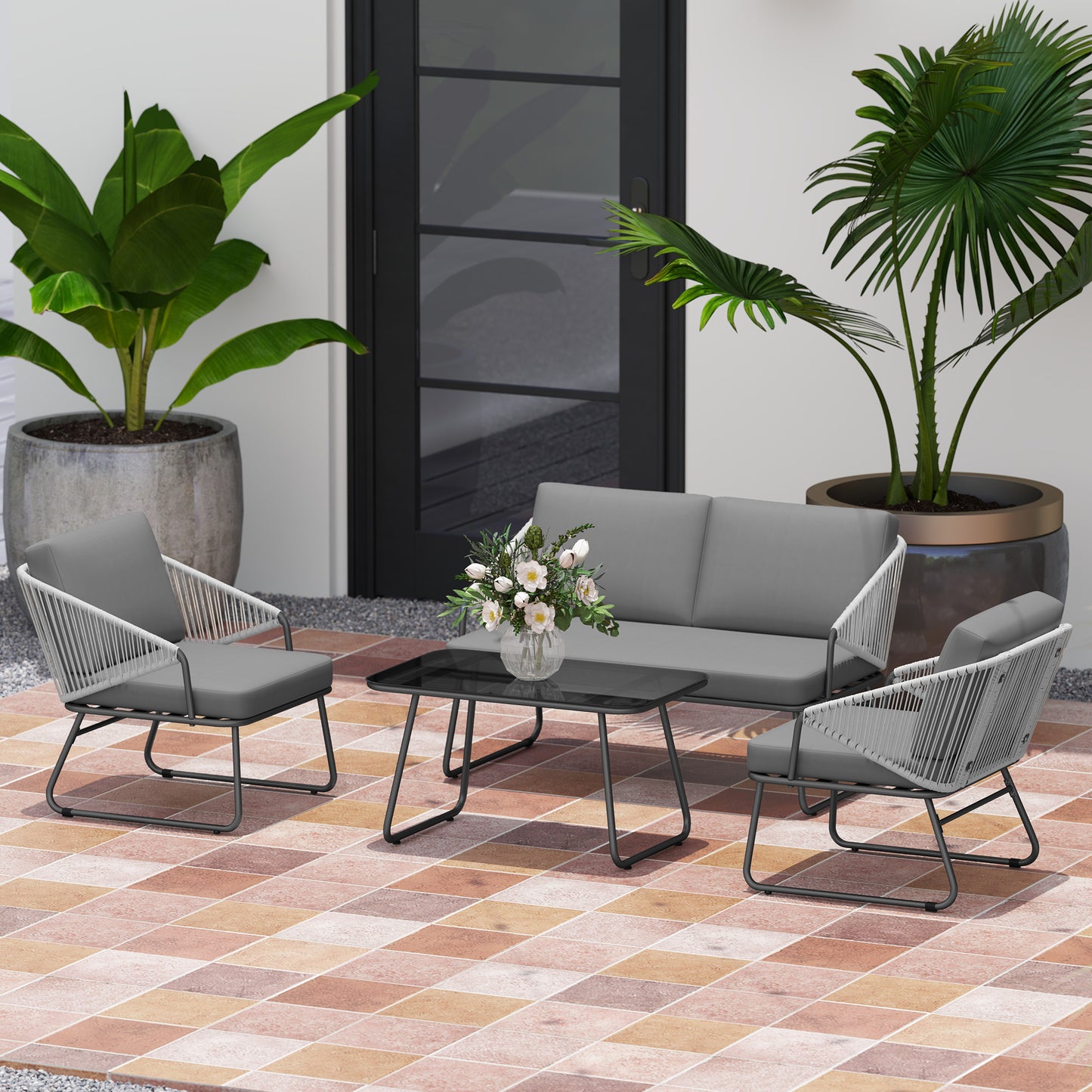 Outsunny 4 Piece Rattan Garden Furniture Set: Loveseat, Armchairs, Coffee Table & Cushions, Grey
