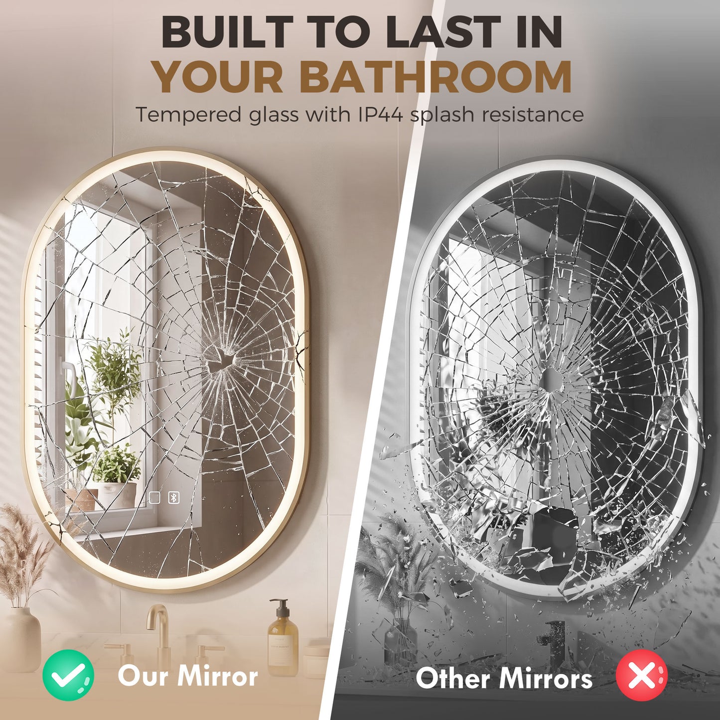 HOMCOM Bathroom Mirror with LED Lights, 100x70cm Oval Bathroom Mirror, Dimmable, Bluetooth, Anti-Fog, Gold Tone