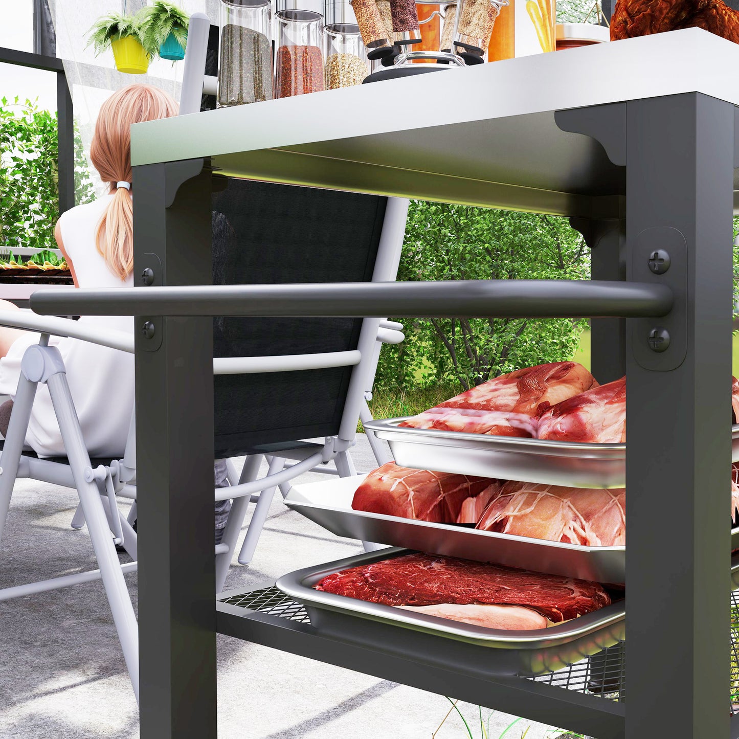 Outsunny: Three-Shelf Outdoor Grill Cart with Stainless Steel Top, 4 Wheels, Hooks, for Kitchen/Garden