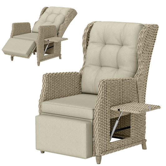 Outsunny Rattan Garden Recliner Chair, Reclining Garden Chair with Adjustable Back and Footrest, Flip Table, Cushion, Brown