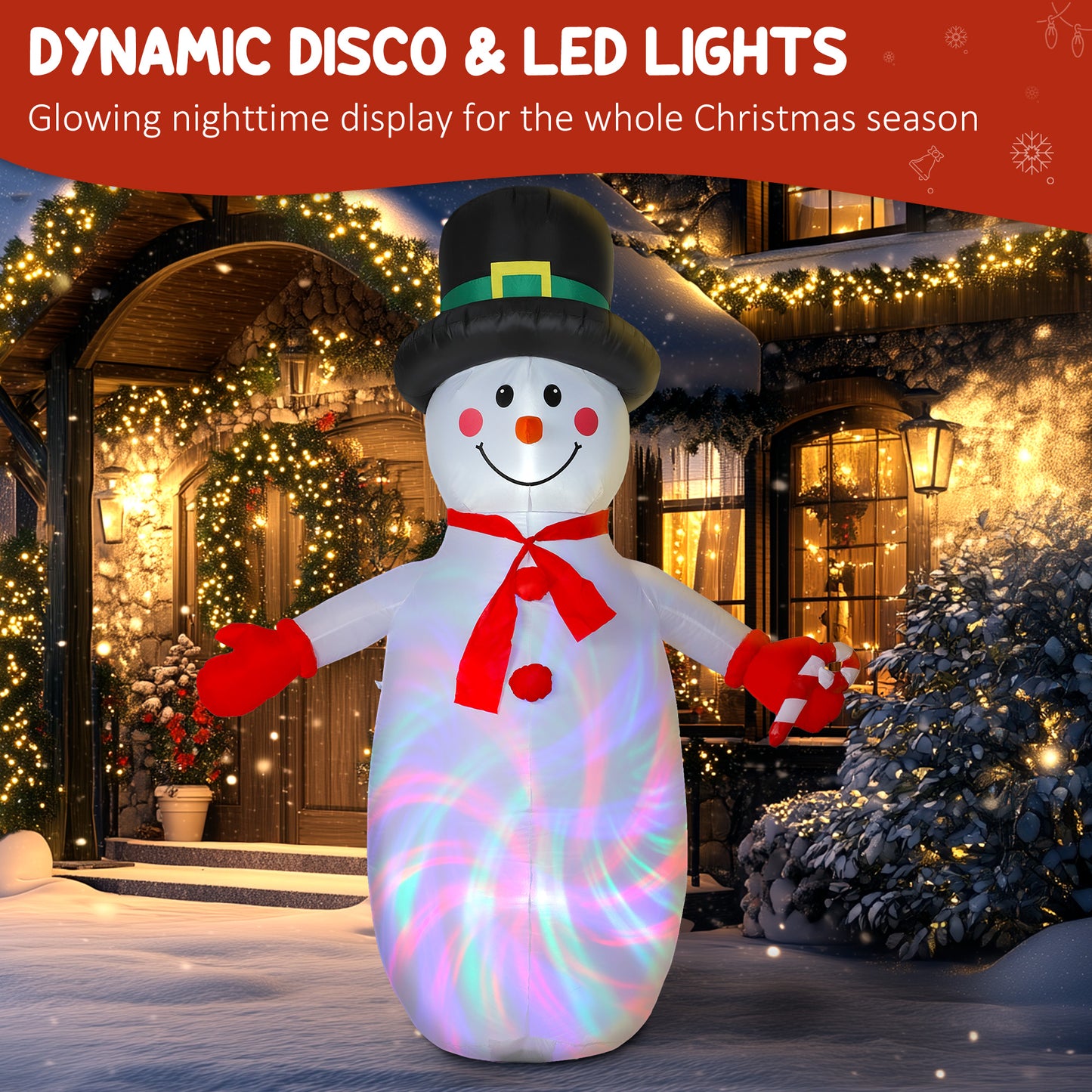 Outsunny 8FT Christmas Inflatable Snowman with Disco & LED Lights, Self-Inflating for Indoor/Outdoor Home Decor, Garden - White