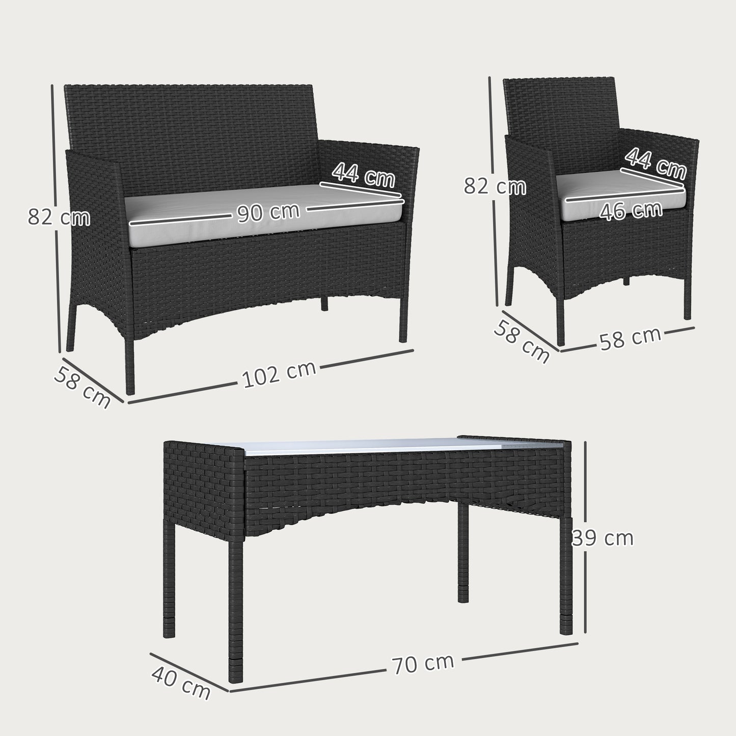 Outsunny 4 Piece Rattan Garden Furniture Sofa Set with Loveseat, Armchairs, Glass-Top Coffee Table and Cushions, Black