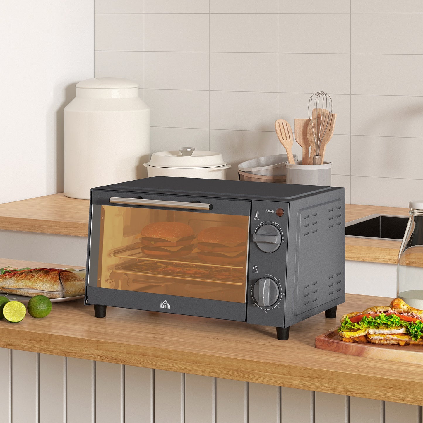 HOMCOM Mini Oven, 9L Countertop Electric Grill, Toaster Oven with Adjustable Temperature, Timer, Baking Tray and Wire Rack, 750W, Grey