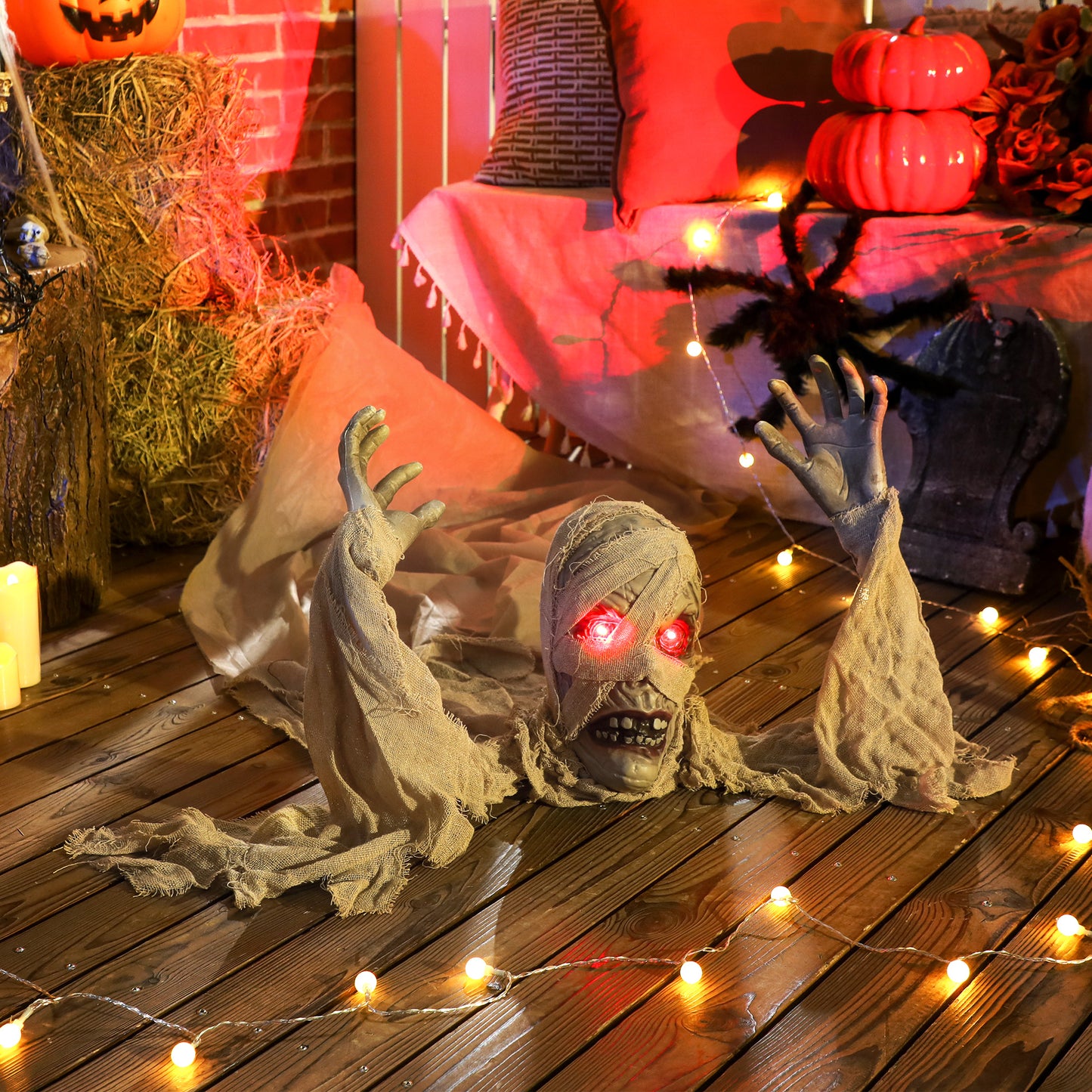 Outsunny Life Size Halloween Animated Crawling Mummy with LED Eyes, Timer, Battery Operated, Indoor/Outdoor Party Props, 183 cm, Black