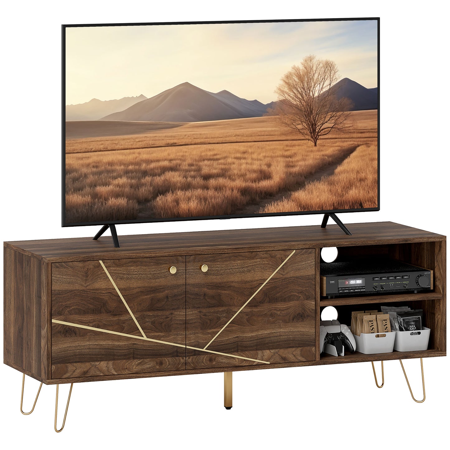 HOMCOM TV Stand Cabinet for up to 60" TV, 130cm Unit with Adjustable Shelves, Hairpin Legs, Double Doors for Living Room or Bedroom, Brown